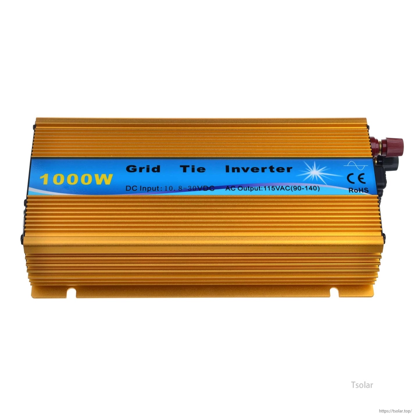 1000W MPPT Grid Tie Inverter, 1000W grid tie inverter in gold finned aluminum case with blue label and DC/AC specs printed on top