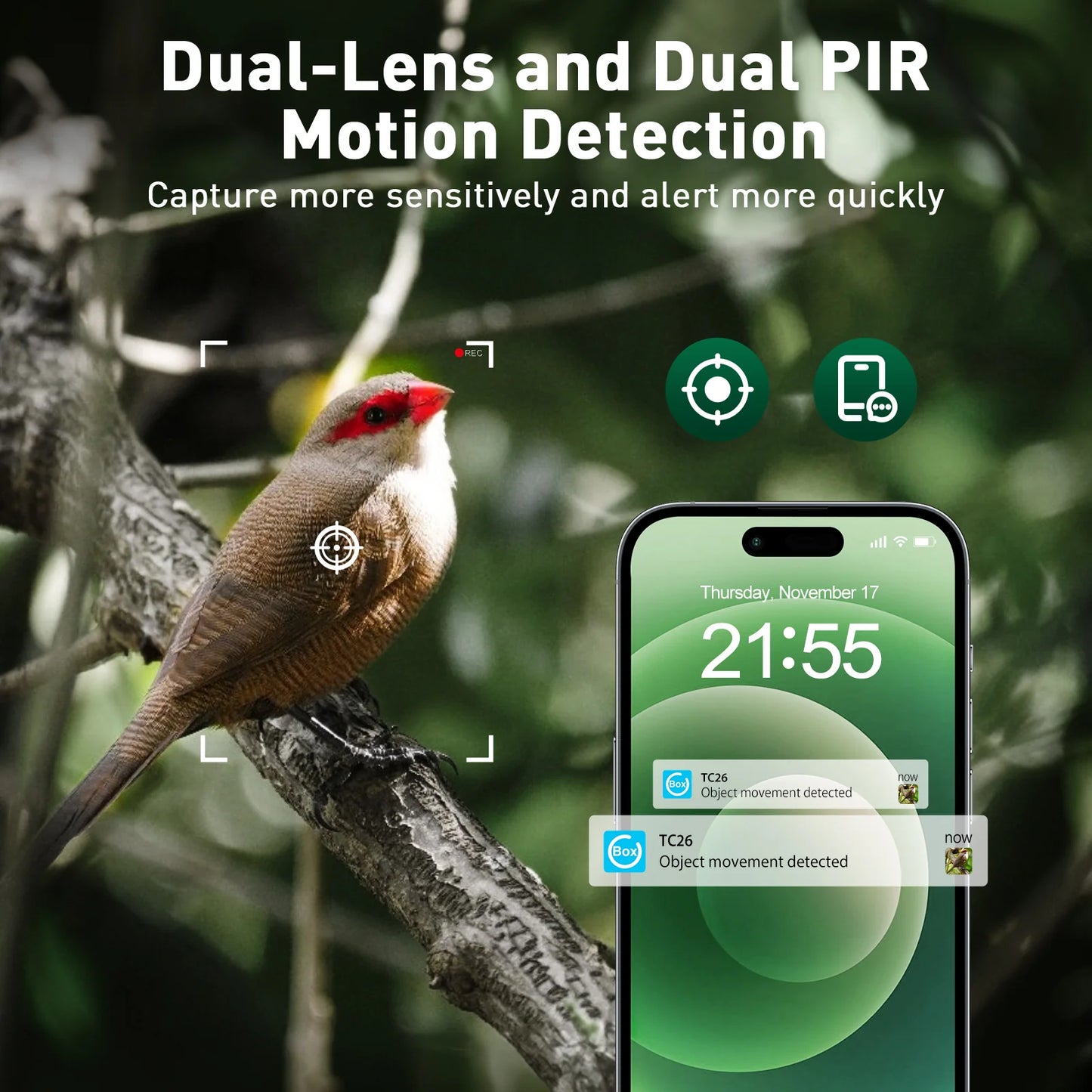 Detects object movement quickly with dual-lens and dual PIR motion detection, ideal for outdoor use.