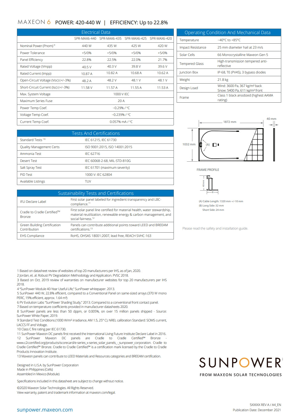 SunPower Maxeon 6 440W Solar Panel,