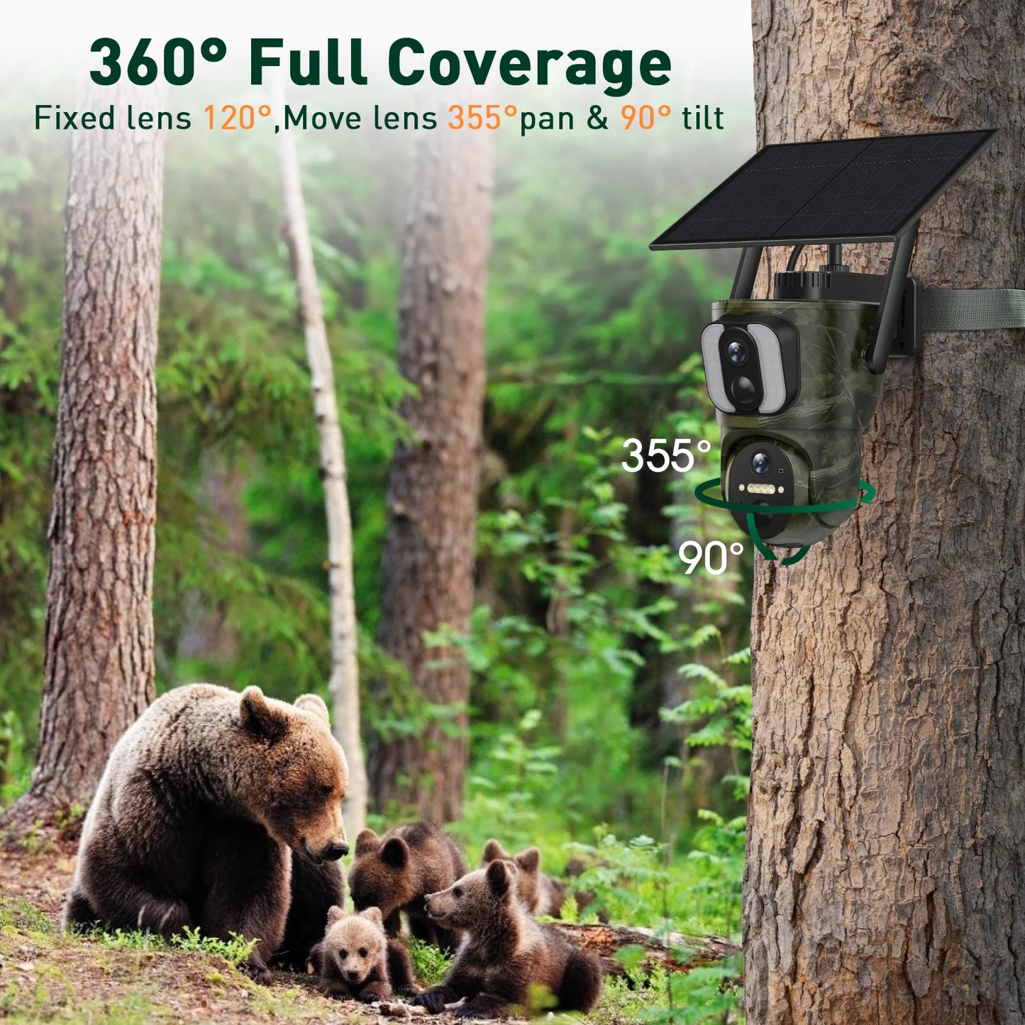 The Campark TC26 camera features 1080P resolution, dual lenses, and solar power, with adjustable pan and tilt capabilities.