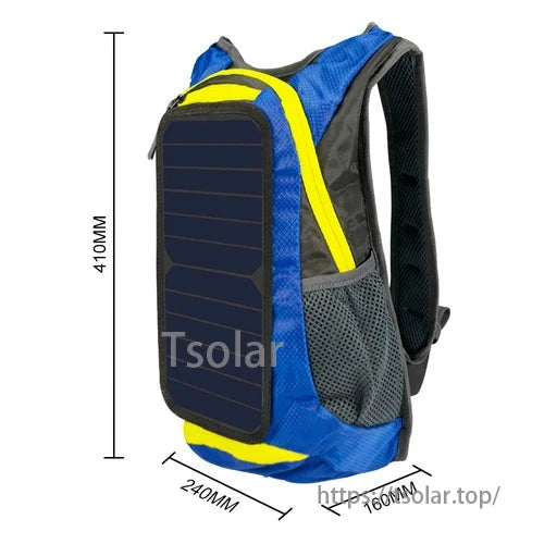 6W 6V USB solar panel backpack, 15L, lightweight, ideal for outdoor hiking, camping, with charger.