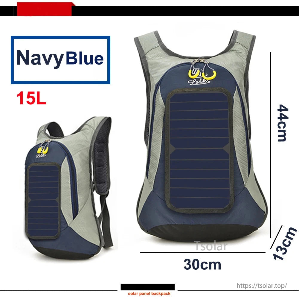 NavyBlue solar panel backpack, 15L, 6W/6V USB, lightweight for hiking/camping. Size: 30x13x44cm. Ideal portable charger for outdoor activities.