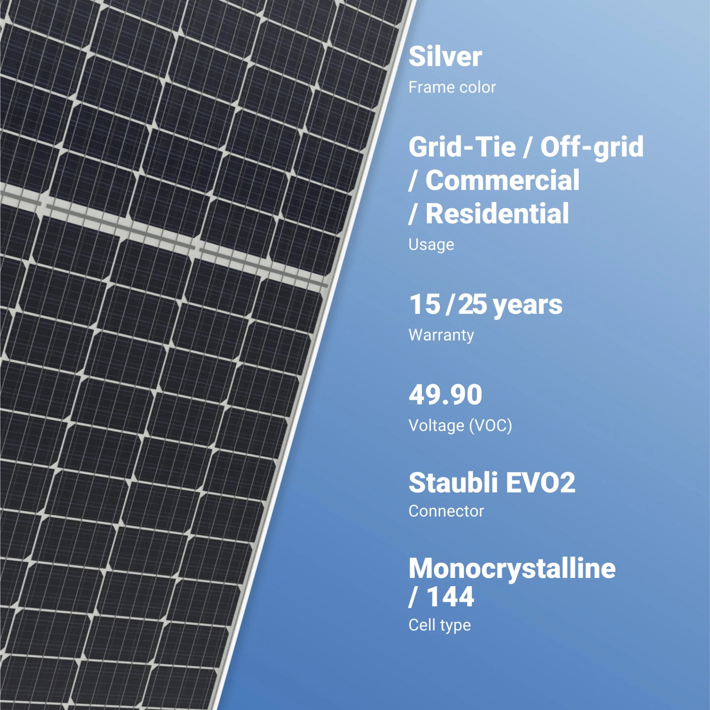 Axitec 550W Solar Panel, Off-grid solar panel system with silver frame, grid-tied or off-grid design, and 15-25 year warranty.