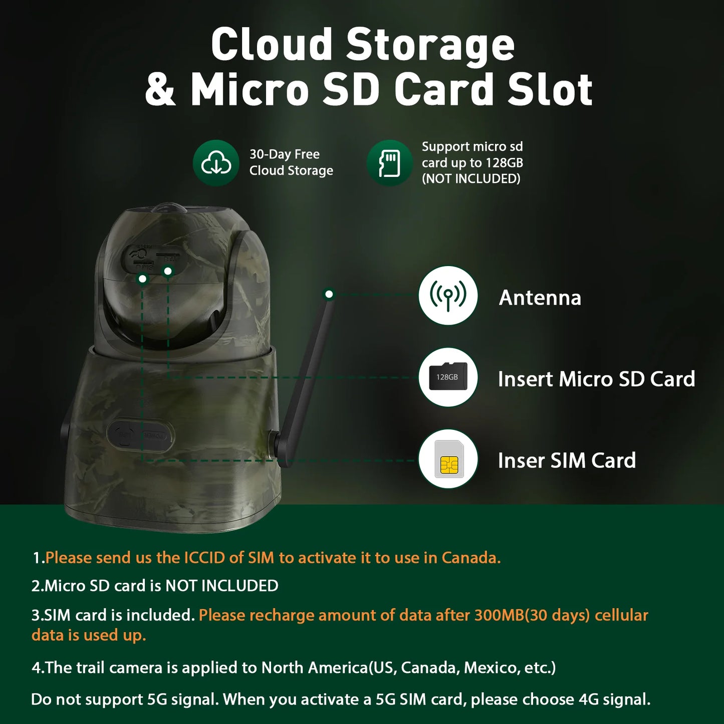 This camera supports up to 128GB SD cards and has cloud storage with a free trial.