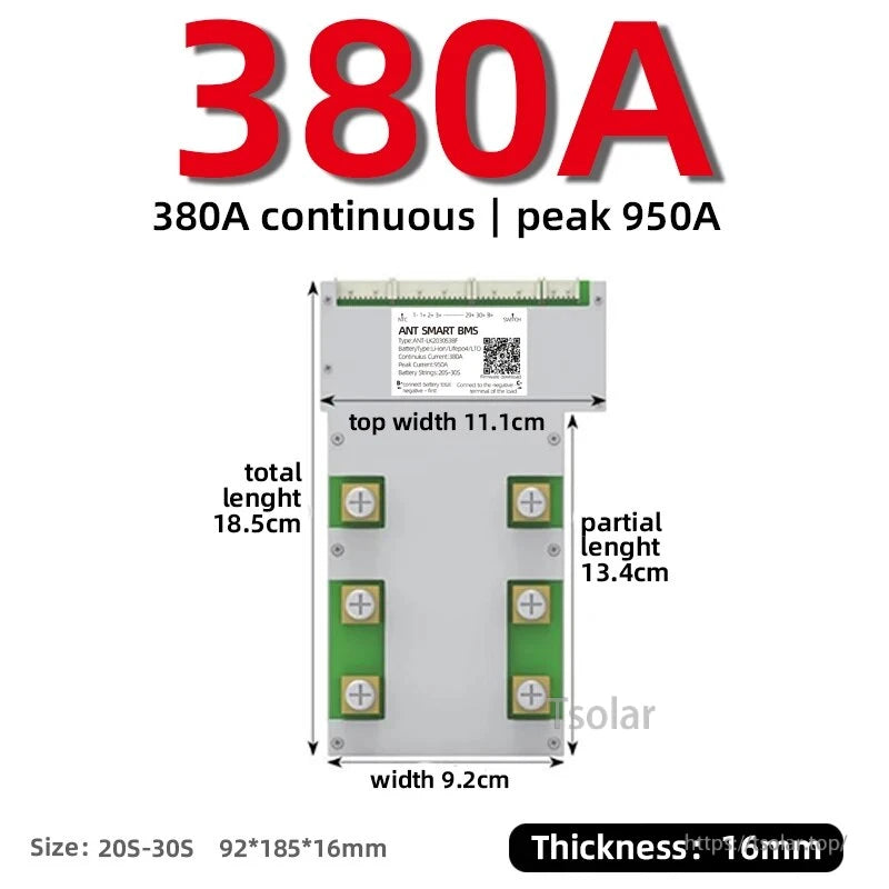 380A continuous BMS option with board measurement diagram, 18.5 cm total length and 9.2 cm width