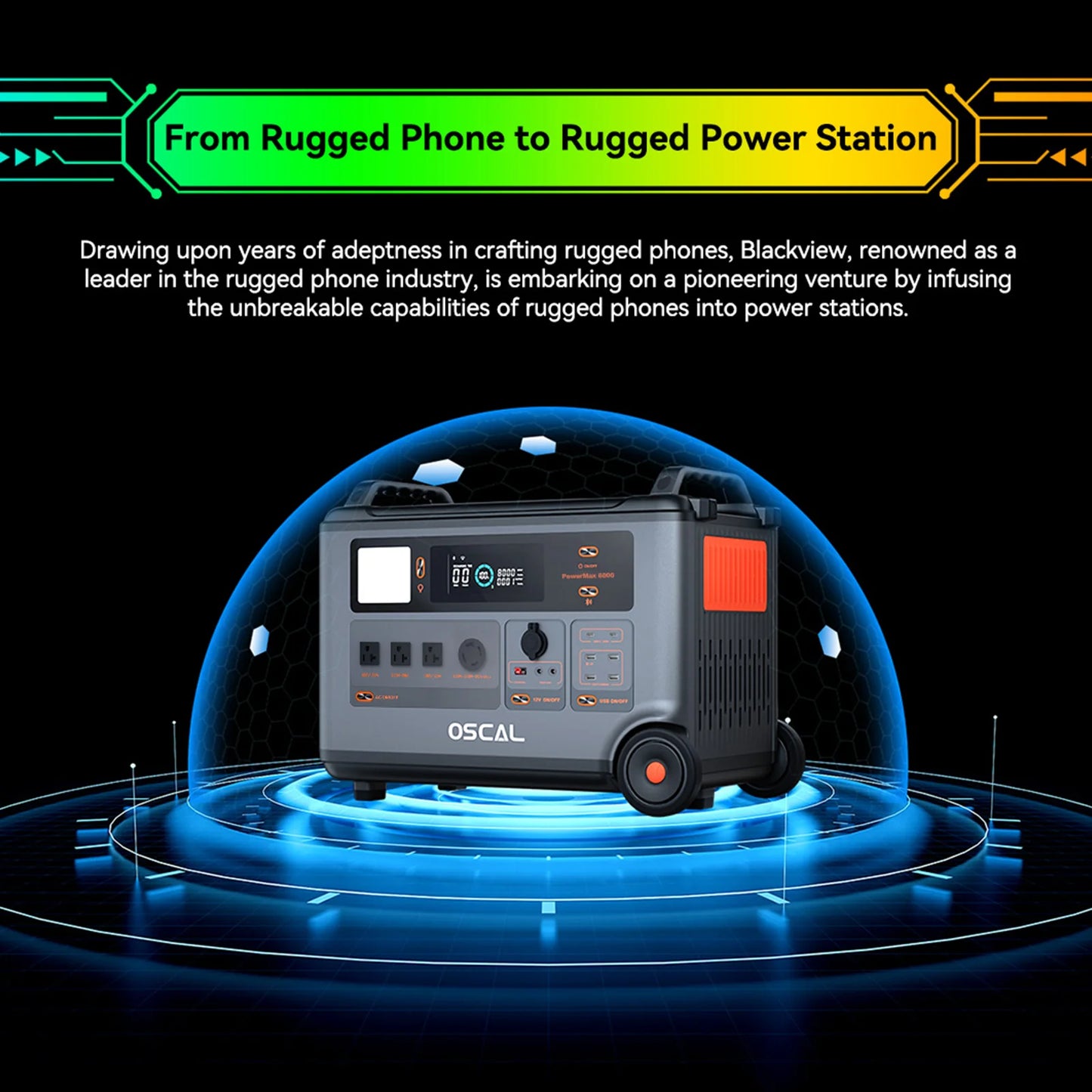 OSCAL PowerMax 6000 is a CE/UL-certified, rugged 7200Wh LiFePO4 power station offering 6000W output for reliable home energy backup.
