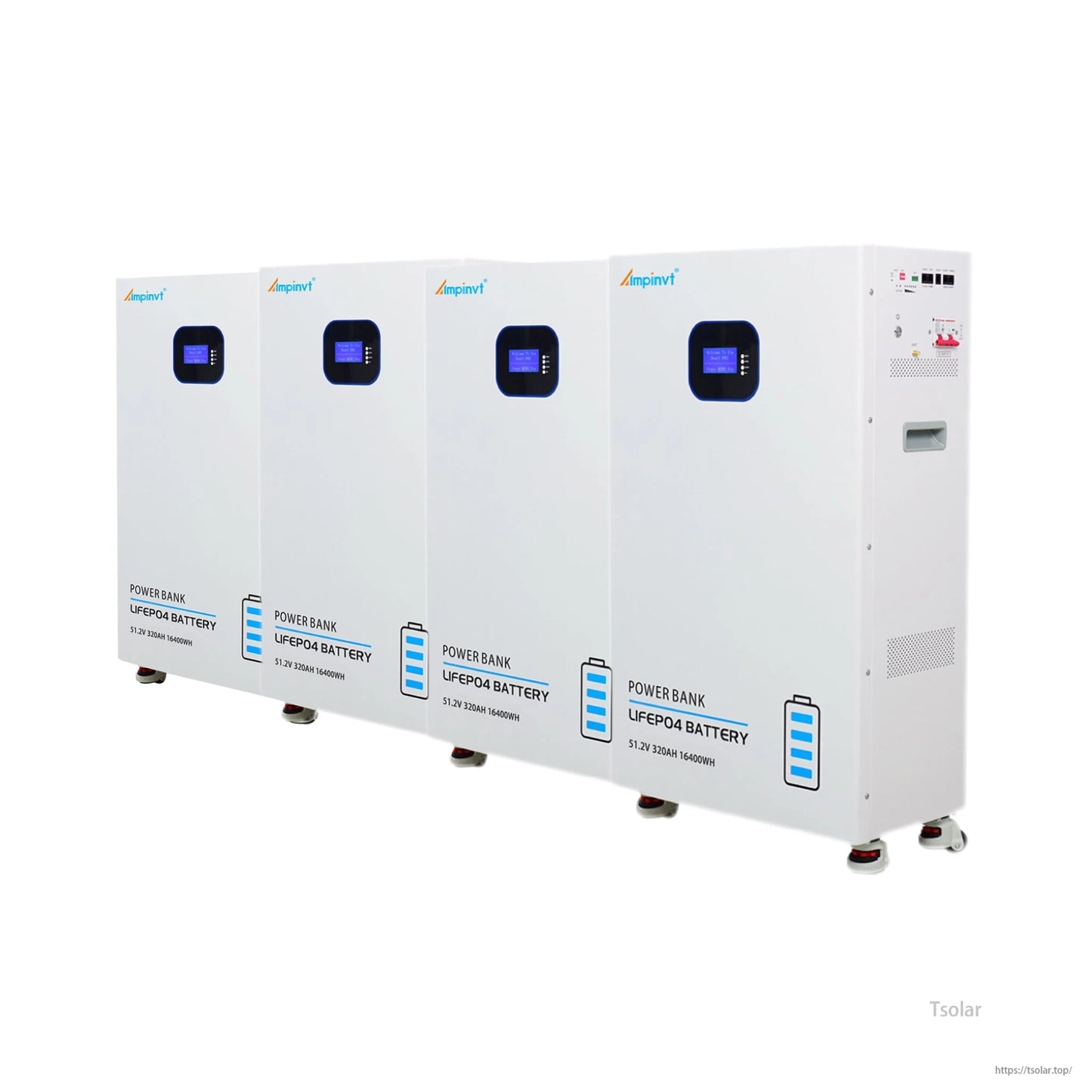 Row of four Ampinvt LiFePO4 power wall battery units on casters, front panels and screens visible