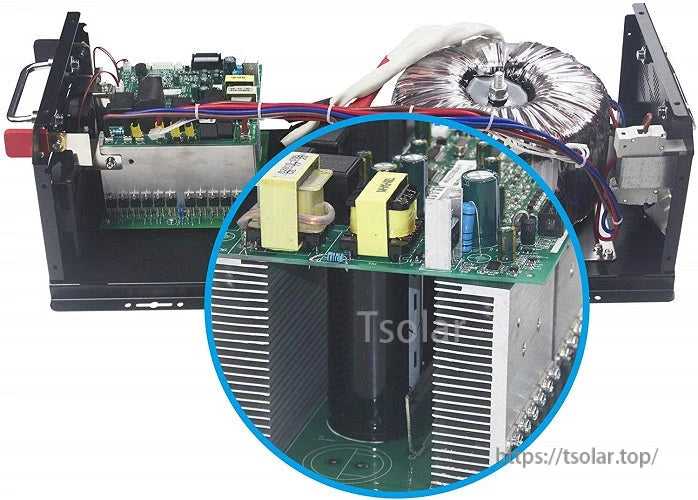Close-up of inverter main power board showing capacitors, transformers, and dual aluminum heatsinks (circled detail)