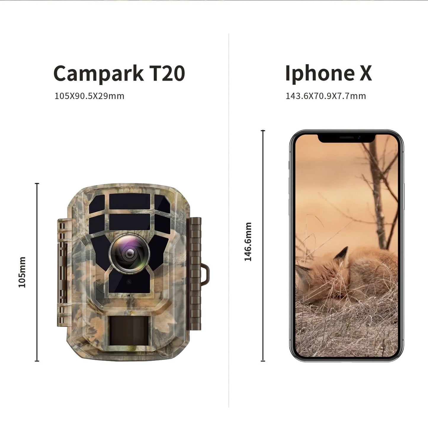 The Campark T20 Trail Game Camera captures 1080P images and videos, with compact size and features like motion detection and night vision.