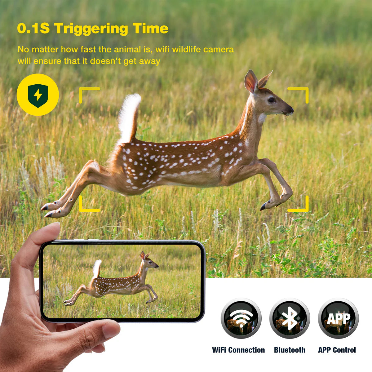 This wireless camera triggers in 0.1 seconds, capturing moments regardless of approach speed, with WiFi and Bluetooth control via an APP.
