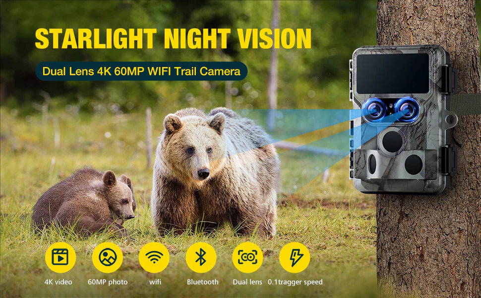 Trail camera with starlight night vision, 4K video, and 60MP photos, featuring dual lens trigger speed.