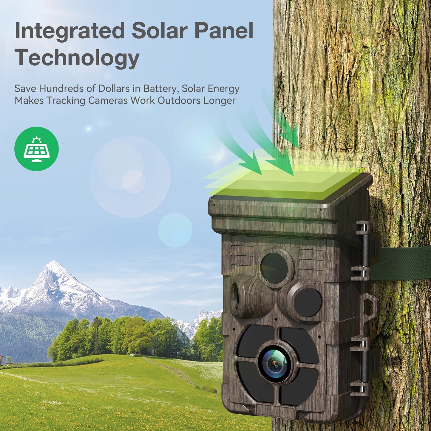 The Campark TC16 features 24MP resolution and 1080P video with integrated solar panel technology, extending outdoor use without recharging.