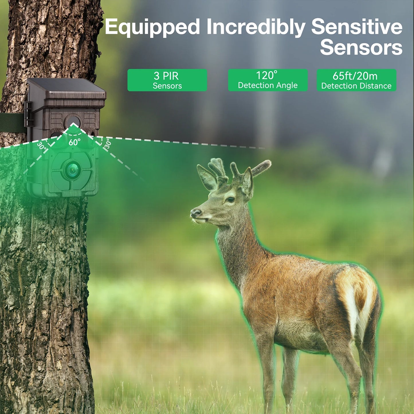 Sensors equipped with 3 PIR modules for detection angles up to 20m and distances up to 183.5m.