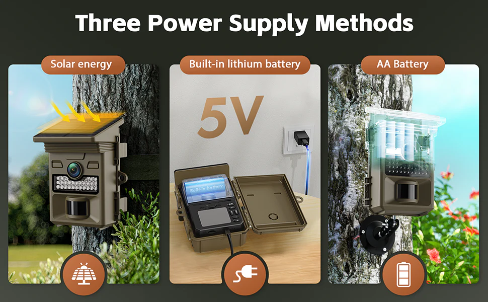 This solar trail camera has three power sources: solar energy, a built-in lithium battery, and AA batteries, all producing 5V.