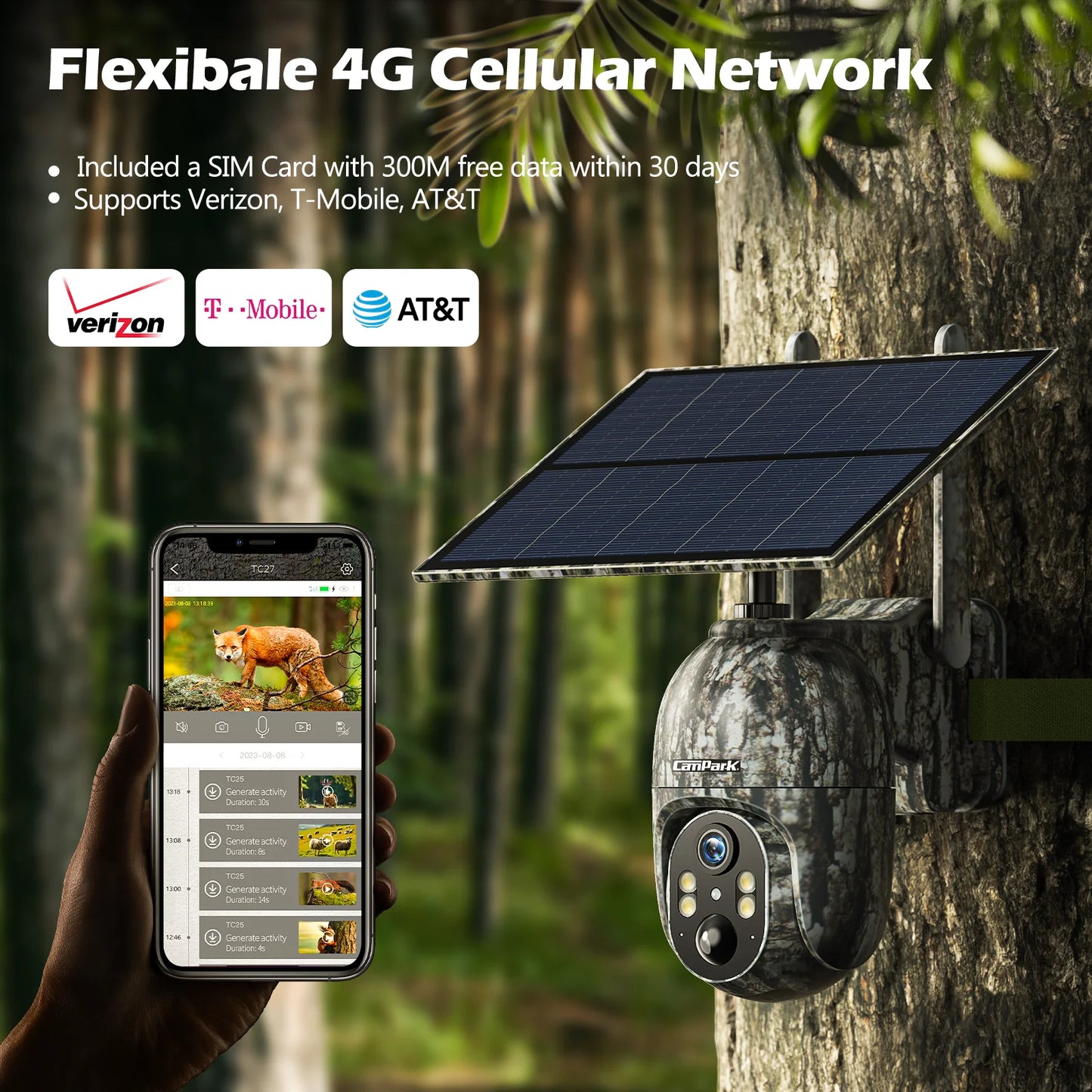 Campark TC27 Solar Trail Camera features instant alerts, color night vision, and 4G LTE wireless camera with 300MB free data on Verizon, T-Mobile, AT&T, and T-Mobile networks.