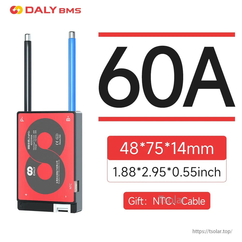60A BMS size graphic showing module with leads, dimensions 48×75×14 mm and included NTC and cable