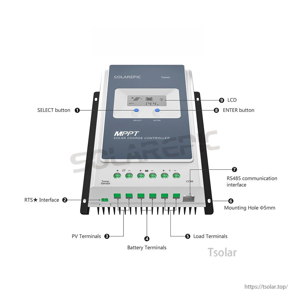 EPEVER Tracer AN MPPT solar charge controller with LCD, PV/battery/load terminals, and RS485/RTS ports