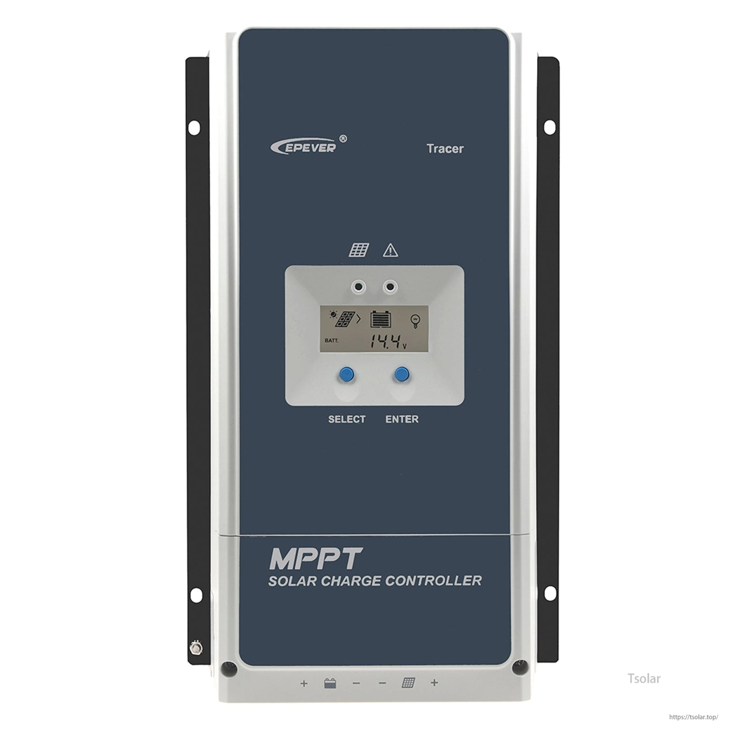 Epever Tracer AN MPPT Solar Charge Controller, Epever Tracer MPPT solar charge controller with front LCD screen and select/enter buttons, wall-mount design