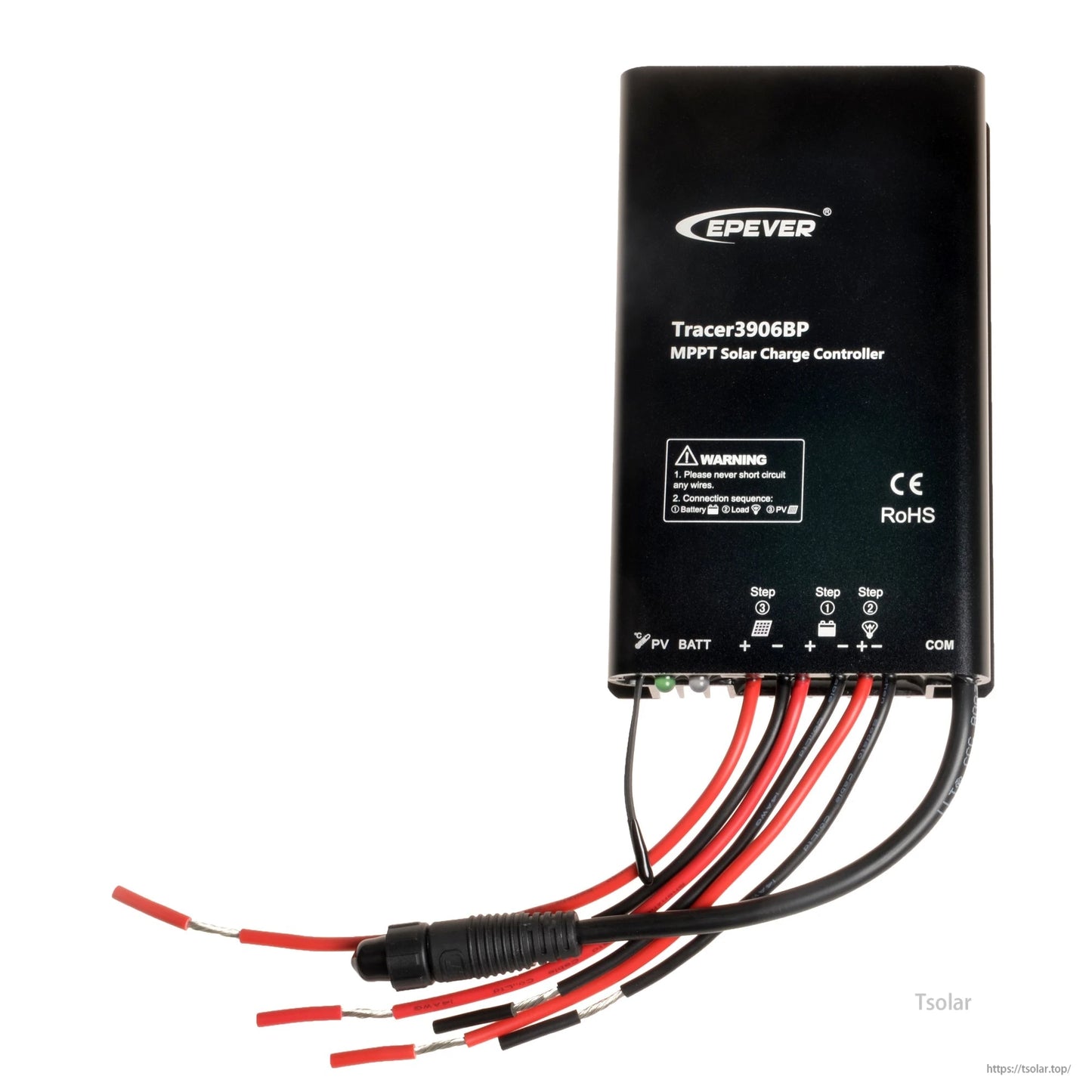 Epever Tracer3906BP MPPT solar charge controller with wired leads and COM port connector