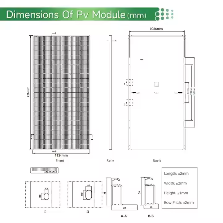 Jinko 550 Watt Solar Panel, PV module dimensions: 540x990mm (front), 2mm (back) with width/height details.