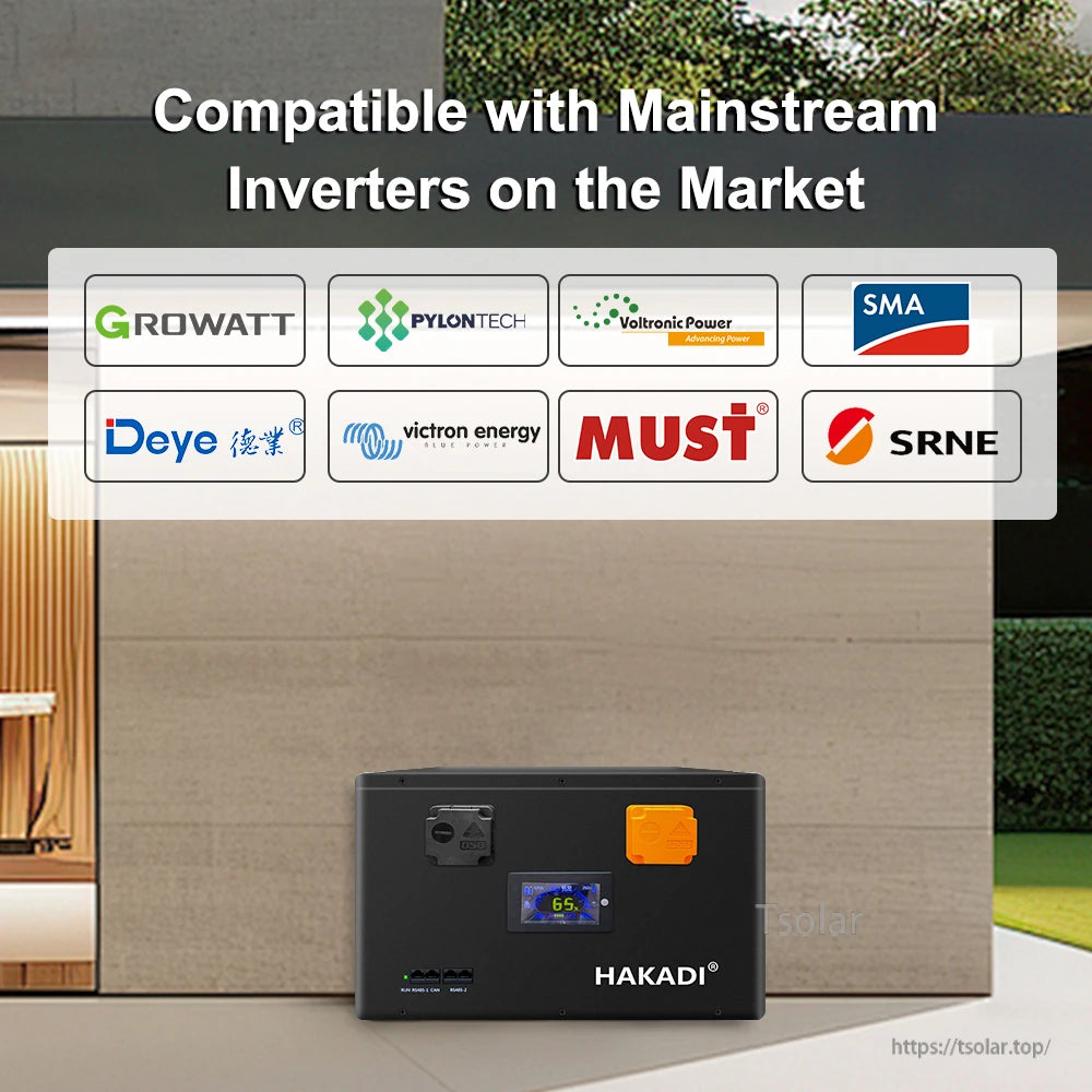 Compatibility graphic listing inverter brands (Growatt, Victron, SMA, Deye, MUST, SRNE, Pylontech, Voltronic)