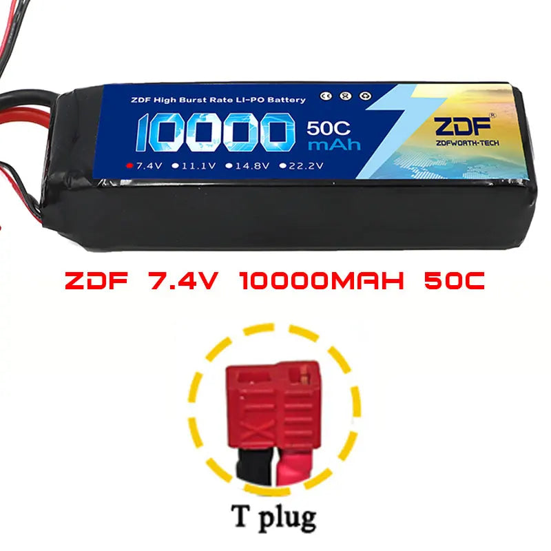 ZDF 2S 7.4V 10000mAh 50C (100C Max) Lipo Battery, 7.4V 10000mAh 50C LiPo battery with T-plug, high burst rate, ideal for RC cars and toys.