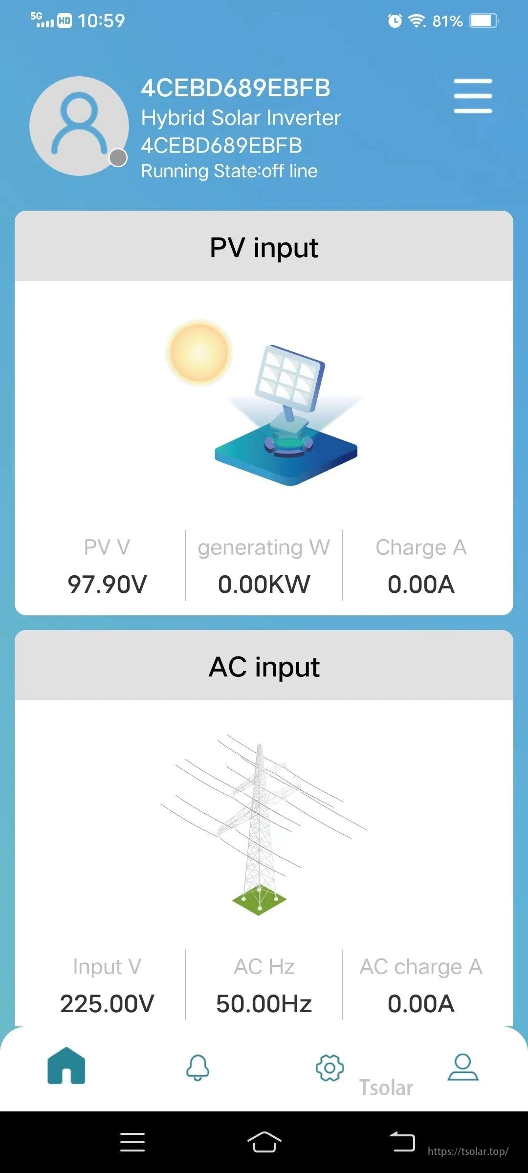 Lucky PV app screen for hybrid solar inverter showing PV input and AC input readings and online status