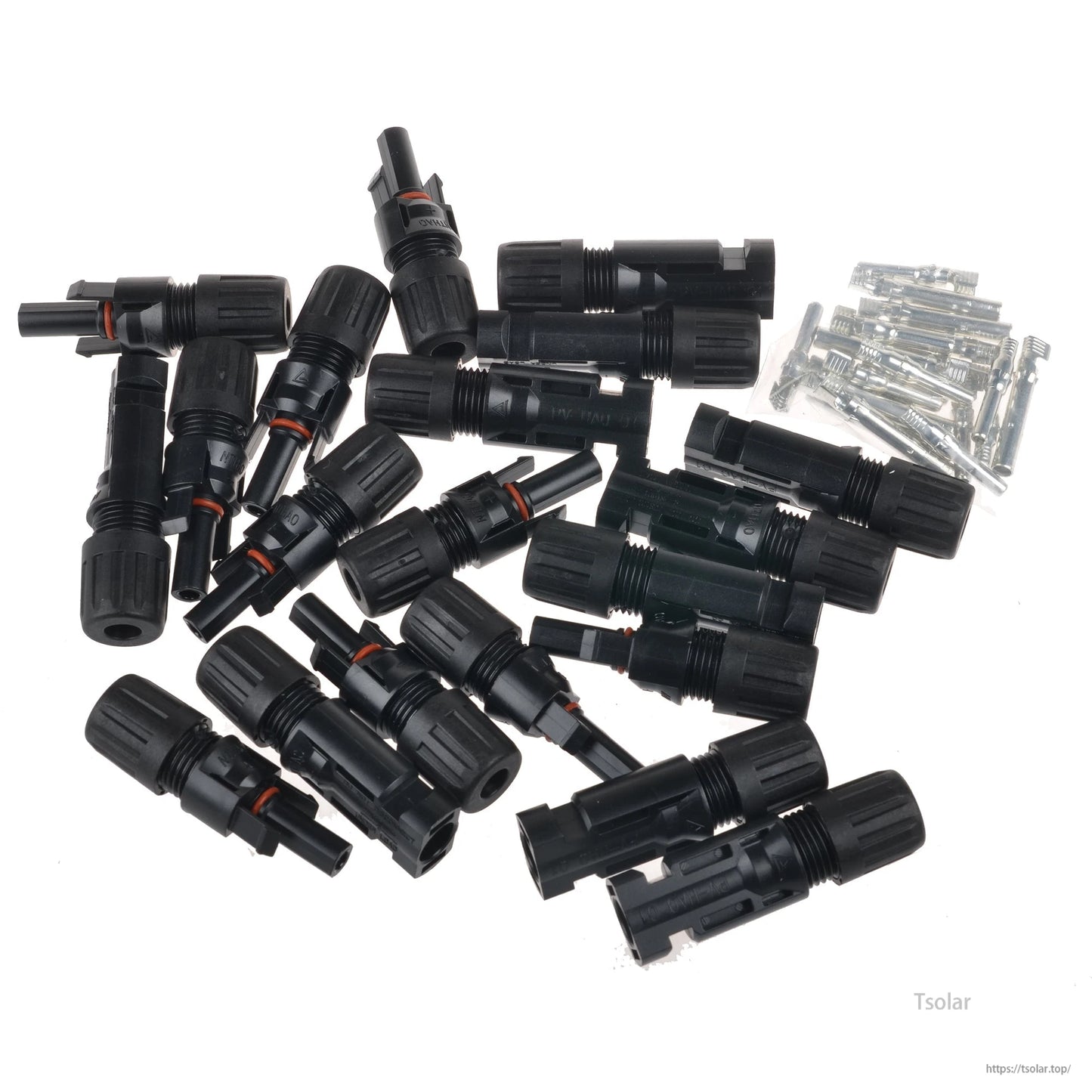 Assorted black IP65 solar panel connectors with orange seals and a set of metal crimp terminals