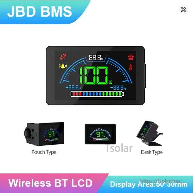 JBD BMS wireless BT LCD gauge-style display graphic with pouch type and desk type mounting examples