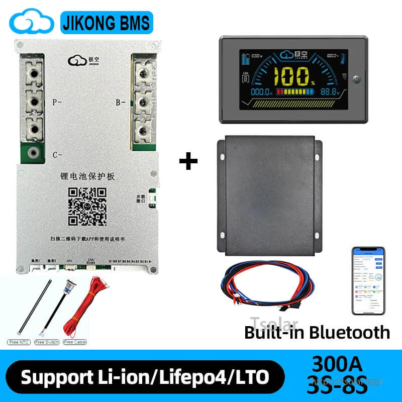 BMS board kit with LCD display module, enclosure box, wiring harness, and phone app graphic