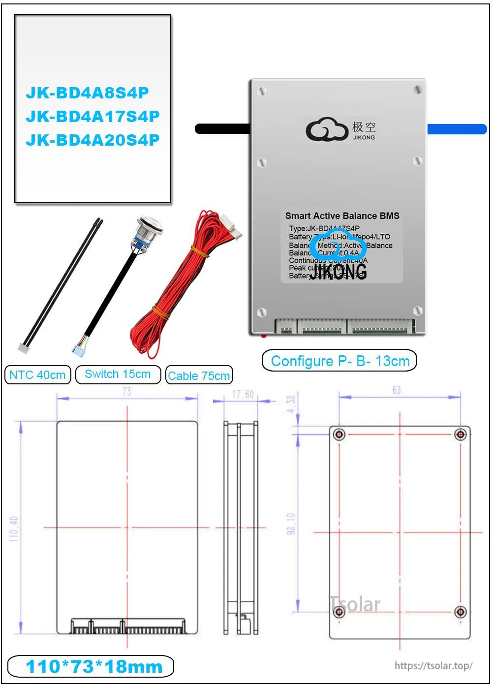 JKBMS BD4A17S4P Active Balance Smart BMS 7S-17S 40A 0.4A Bluetooth RS485 for Li-ion LiFePO4 LTO