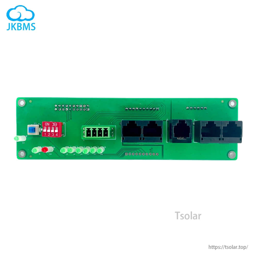 Communication interface PCB close-up with DIP switch, LED indicators, and RJ45-style ports