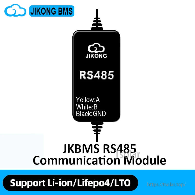 JKBMS RS485 adapter module image with JIKONG BMS header and wire color labels Yellow A, White B, Black GND