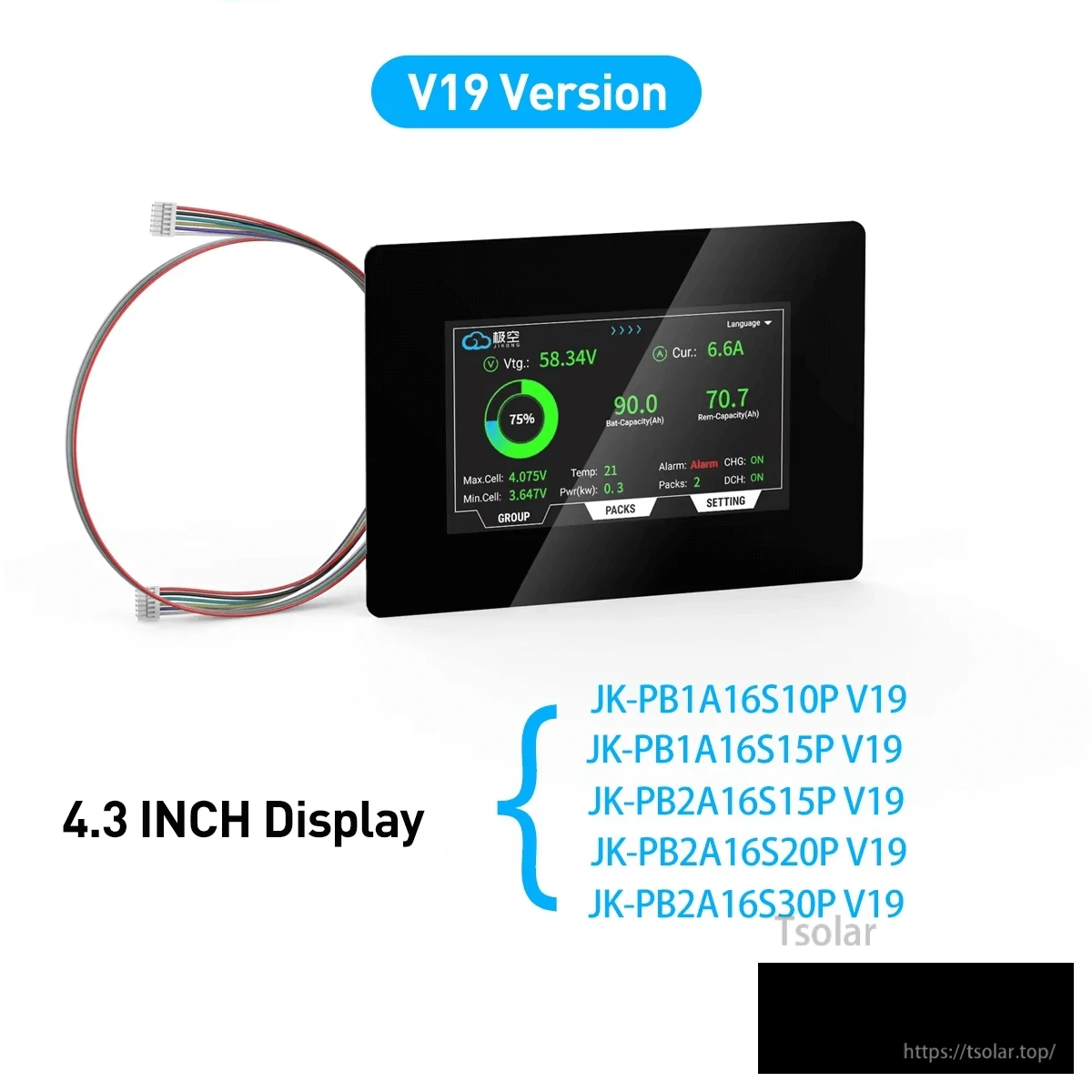 V19 version 4.3-inch display with cable and compatible JK-PB1A/JK-PB2A V19 model list graphic