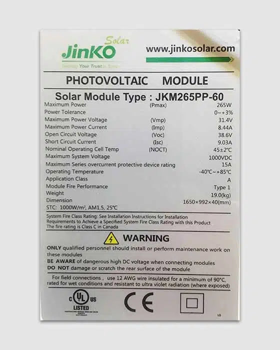 The Jinko 265W Solar Panel features a maximum power output of 265W, with specifications for voltage, current, and temperature.