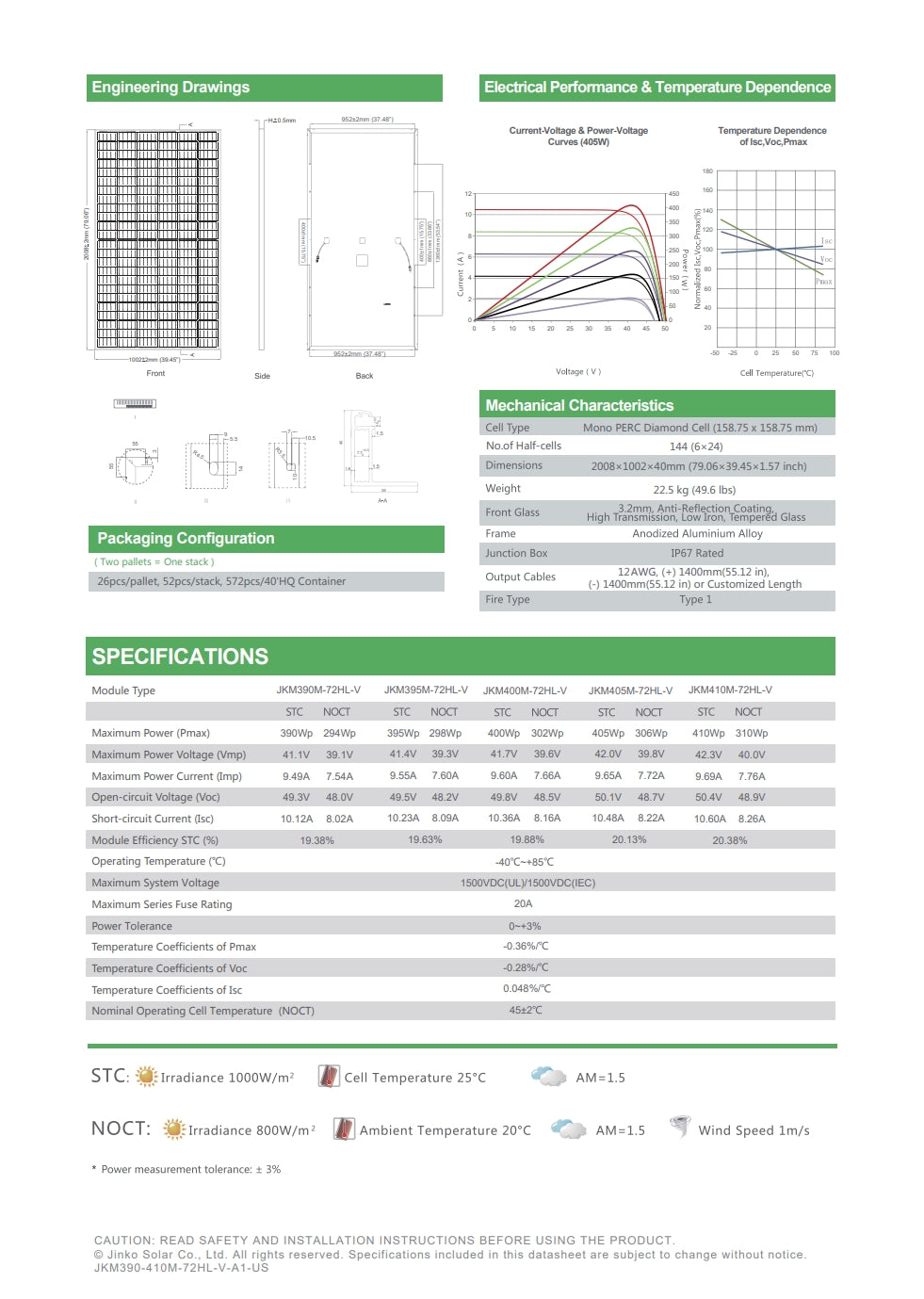 The Jinko 410W Solar Panel features a mono-PERC diamond cell with 144 half-cells, high-transmissivity tempered glass, and specifications including maximum power and efficiency.