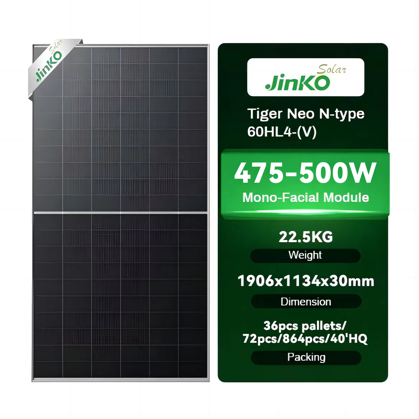 Jinko 500W Solar Panel, 475-500 Watts