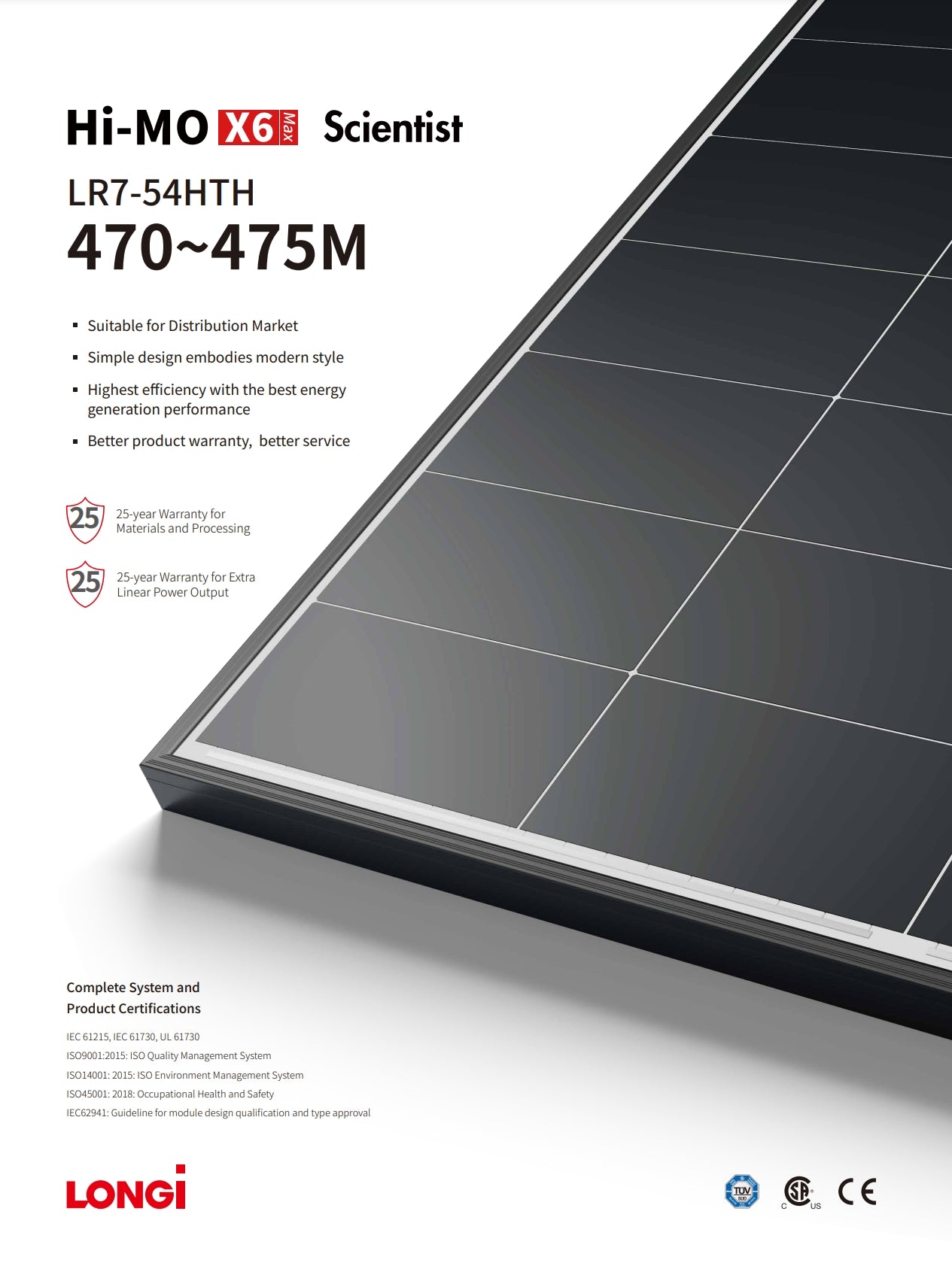 LonGi 475W Solar Panel, A high-efficiency solar panel with a power output of 470-475M, suitable for distribution markets, featuring modern design and comprehensive warranty.