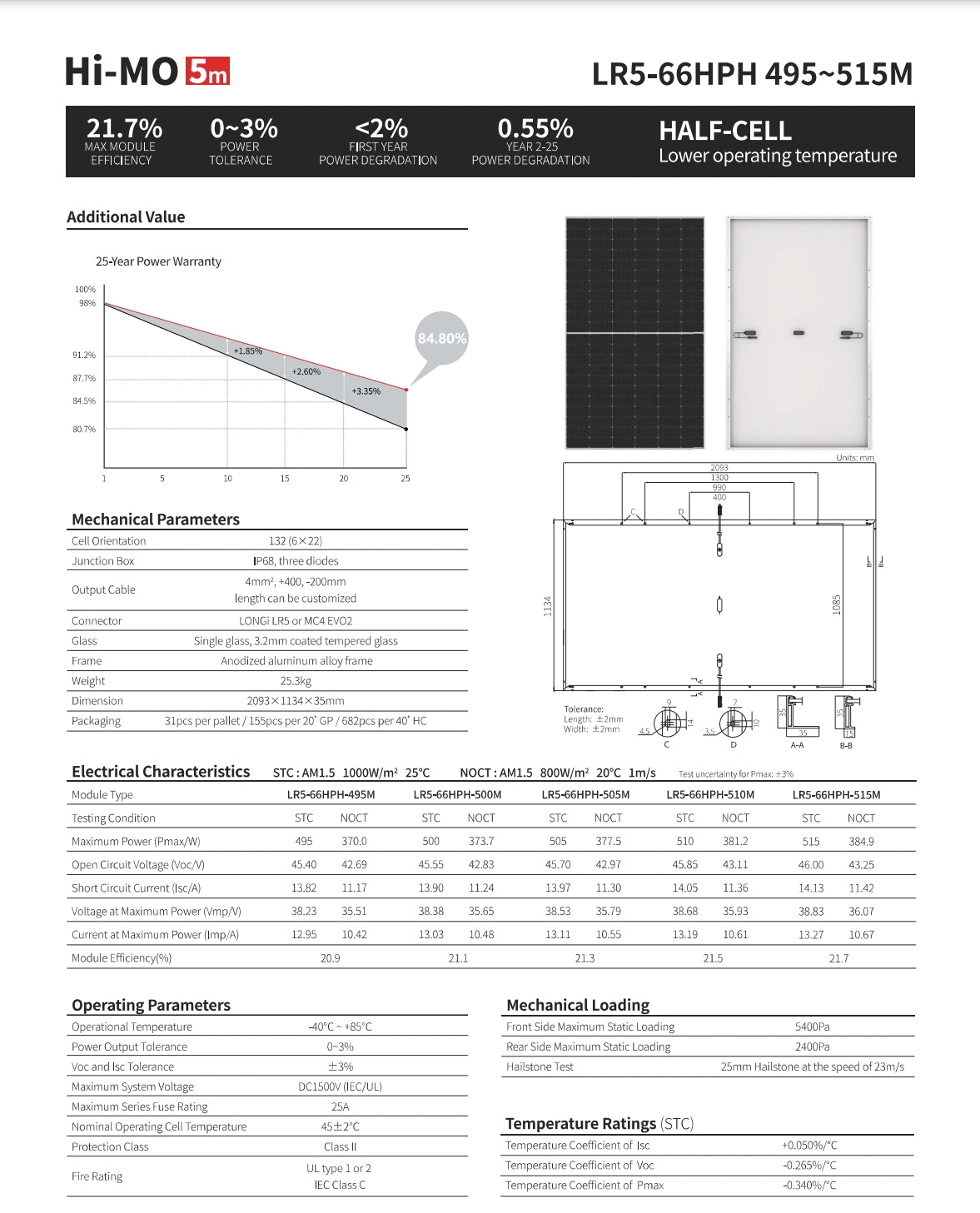 LonGi 495W Solar Panel, High-efficiency solar panel with 495-515W max power output, improved efficiency and durability, and 25-year warranty.