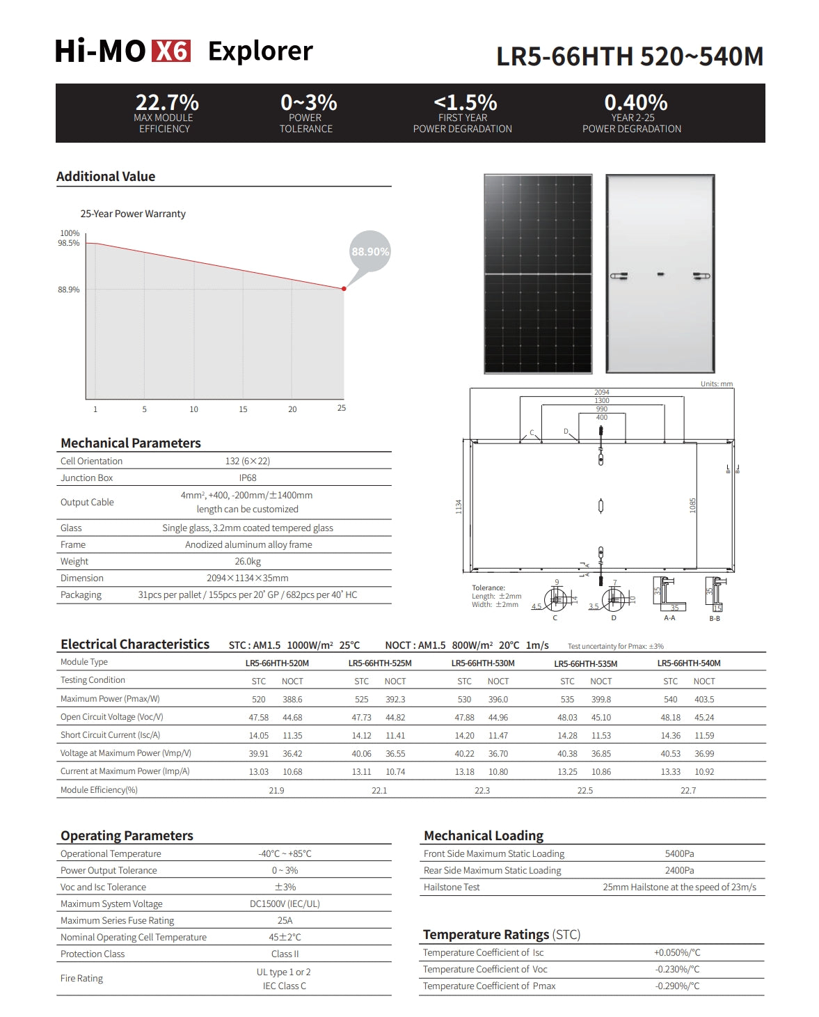LonGi 530W Solar Panel, LonGi 530W solar panel features 530W maximum power, 22.7% efficiency, and operating parameters including temperature range -40°C to +85°C.