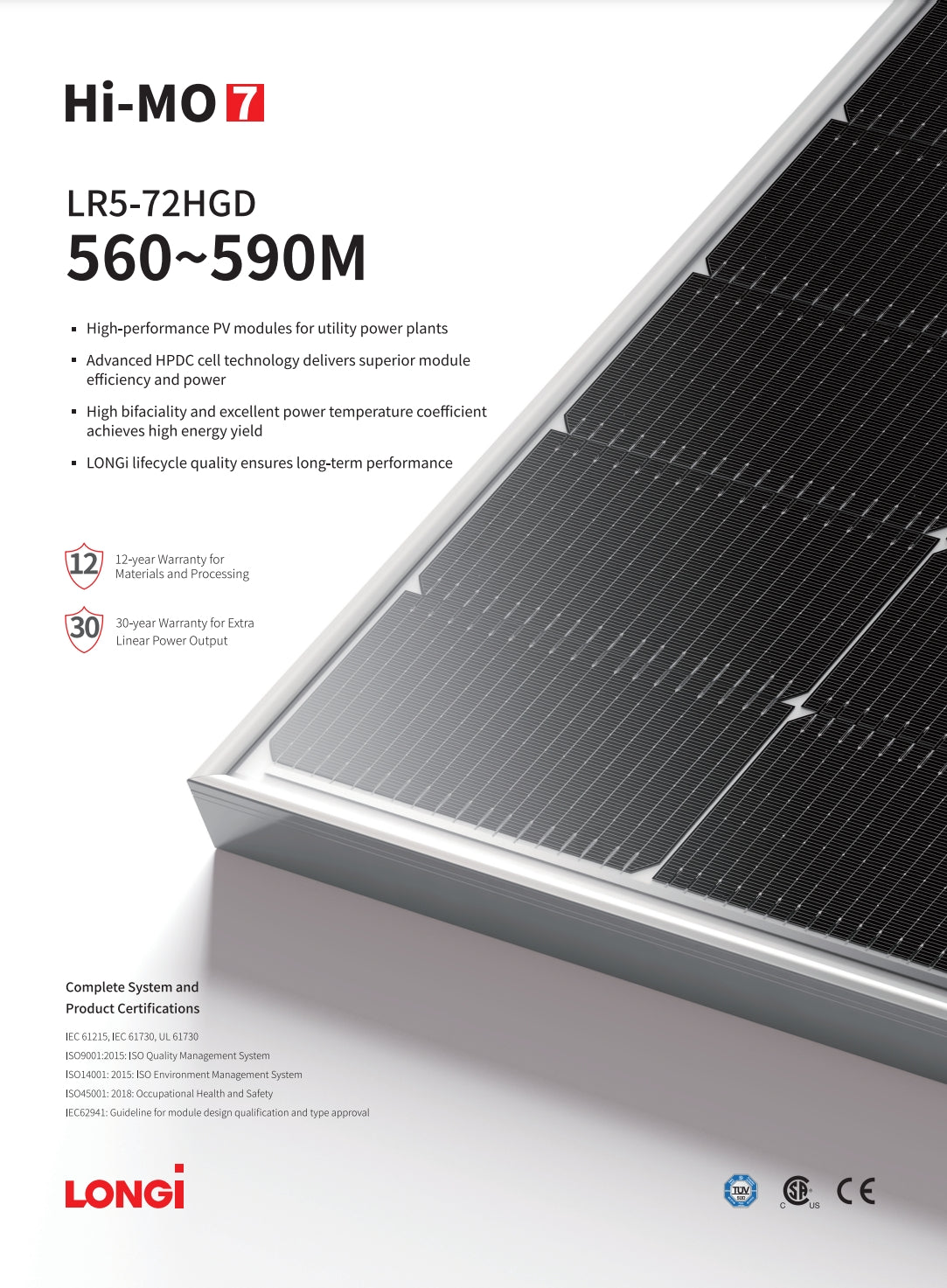 LonGi 565W Solar Panel, LONGi Hi-MO LRS-72HGD solar panel features high-efficiency cells, bifaciality, and temperature coefficient for high energy yield with 12-year warranty.