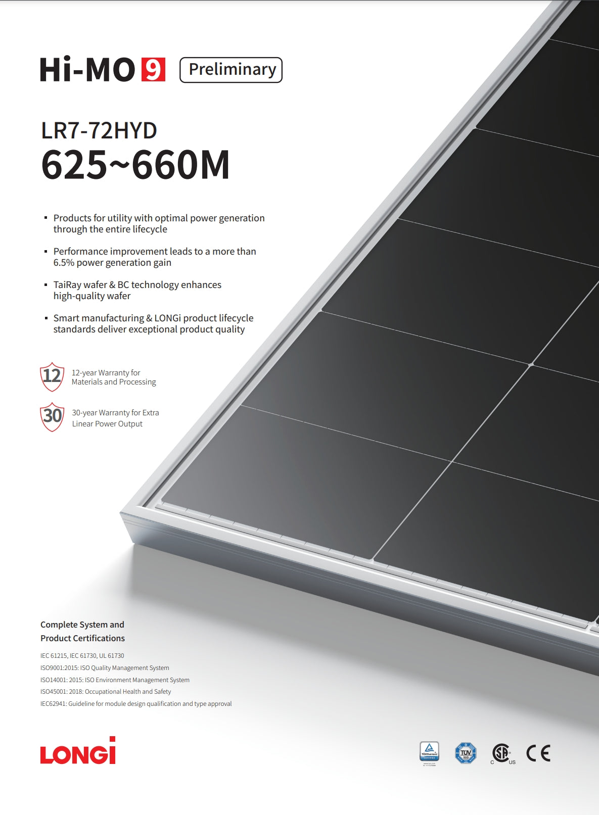 The LonGi 645W Solar Panel features a bifacial design with improved power generation performance throughout its lifecycle.