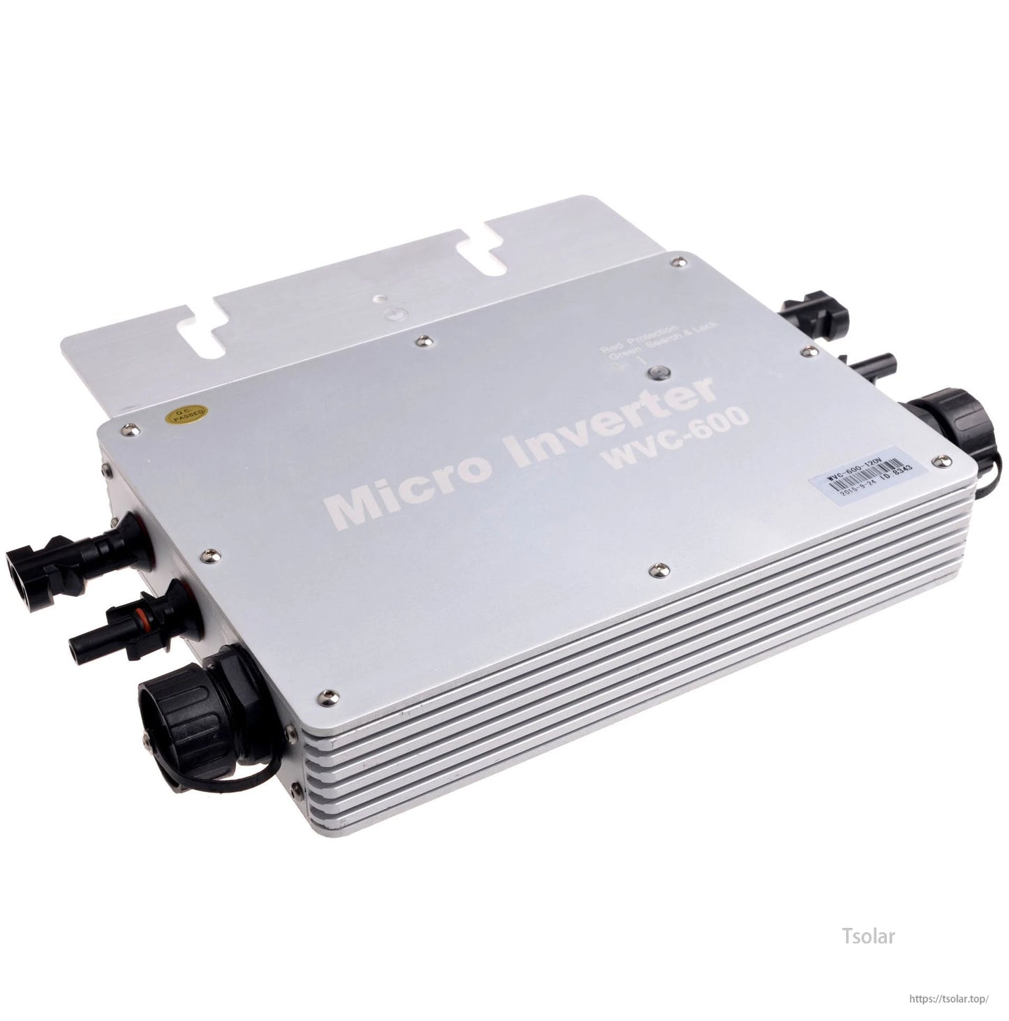 MPPT 600W Waterproof Grid Tie Inverter, WVC-600 micro inverter in silver aluminum housing with mounting tabs and waterproof-style cable connectors