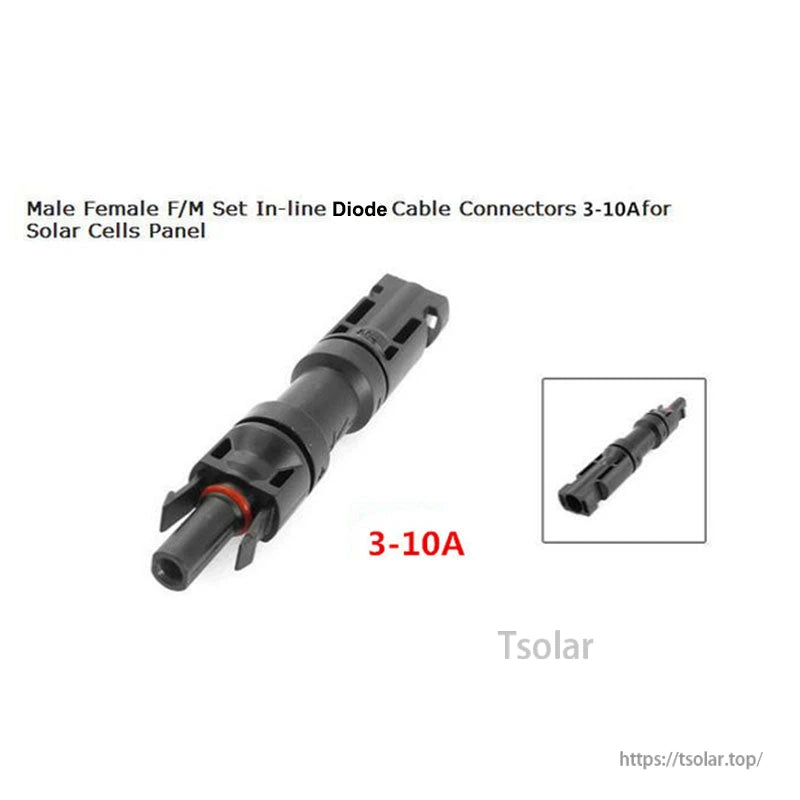 Inline male-to-female solar panel diode cable connector (MC4-style) with locking tabs, labeled 3–10A