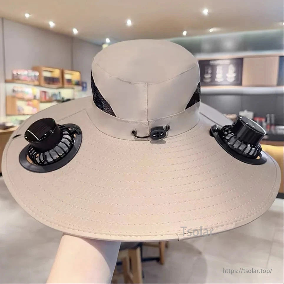 Men's Solar Fan Sun Hat – Wide Brim Quick-Dry Outdoor Cooling Hat with Dual Fans for Hiking, Fishing, Camping