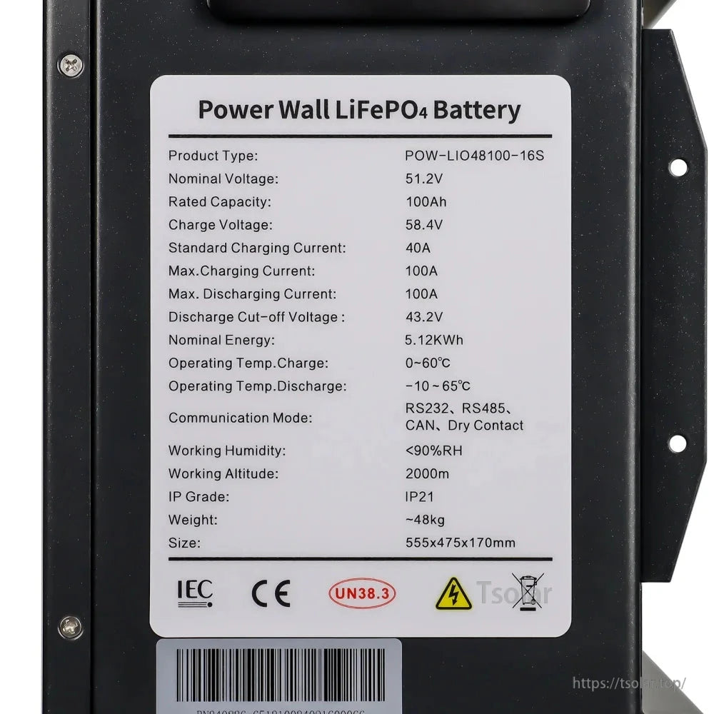 Specification label close-up for Power Wall LiFePO4 battery POW-LIO48100-16S with electrical ratings and icons