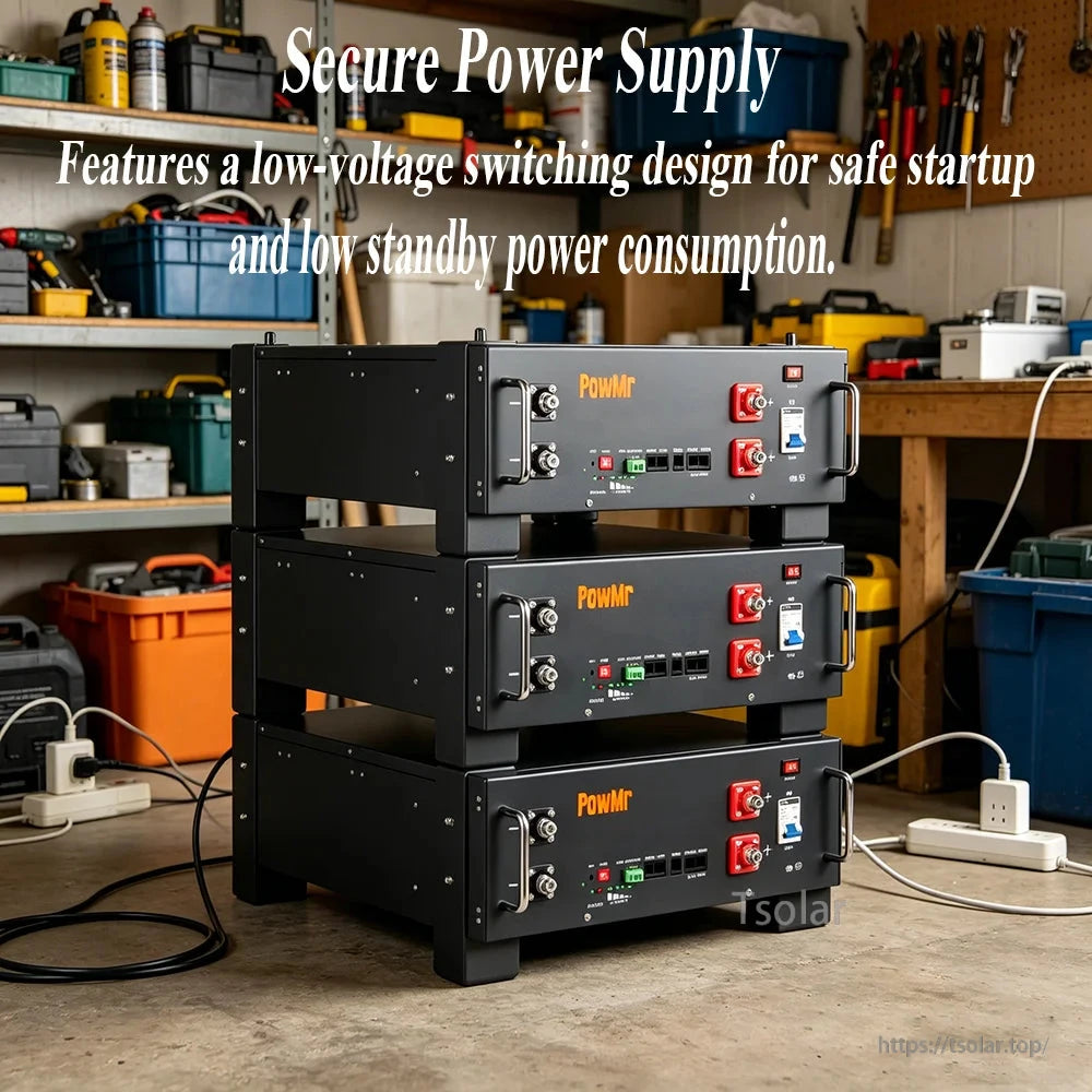 Use case photo of stacked PowMr battery modules in a workshop/garage setting with power cables connected