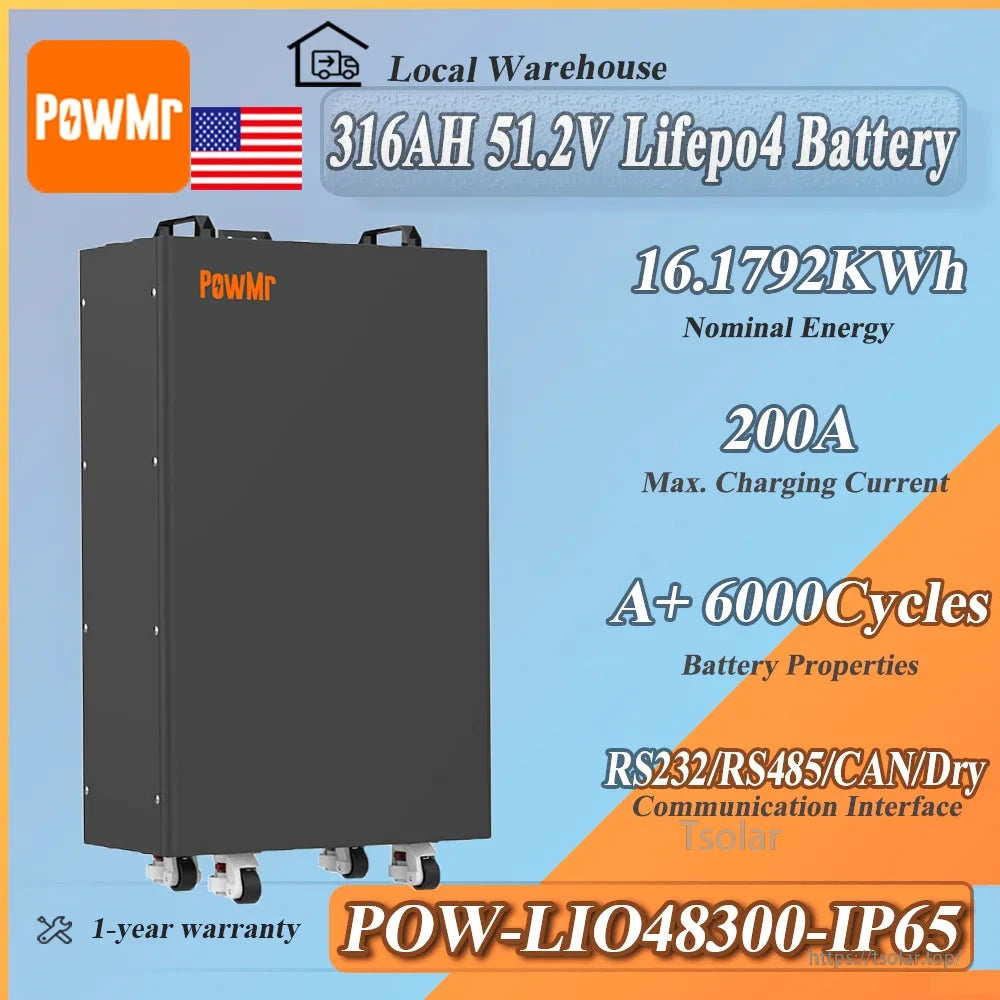 PowMr POW-LIO48300-IP65 spec graphic: 51.2V 316Ah LiFePO4, 16.1792kWh, RS232/RS485/CAN