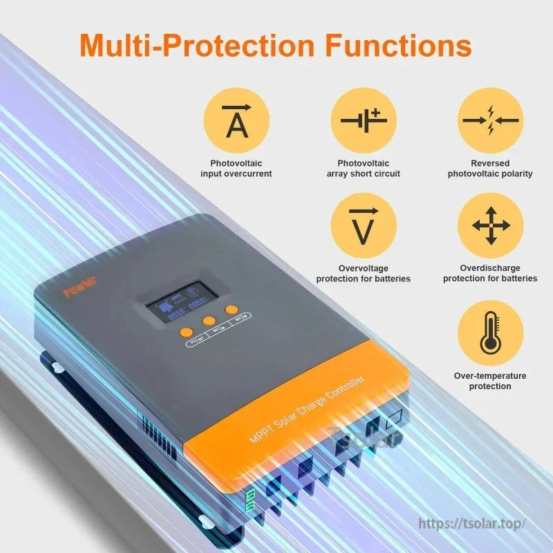 Multi-protection functions graphic for PowMr MPPT controller: overcurrent, short circuit, reverse polarity, overtemp