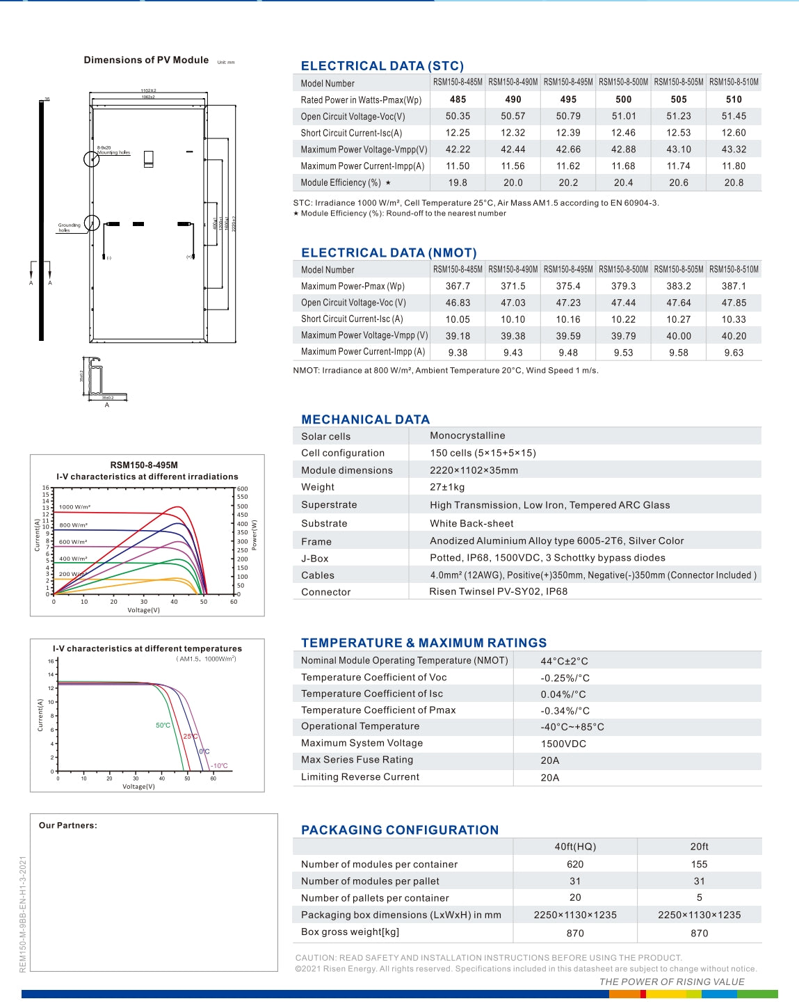 Risen 500W Solar Panel features 485-510 Watts power, 50.35-51.45V open circuit voltage, and 12.25-12.60A short circuit current.